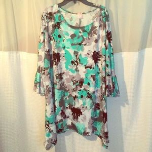 Bell sleeve tunic multi colored teal black gray